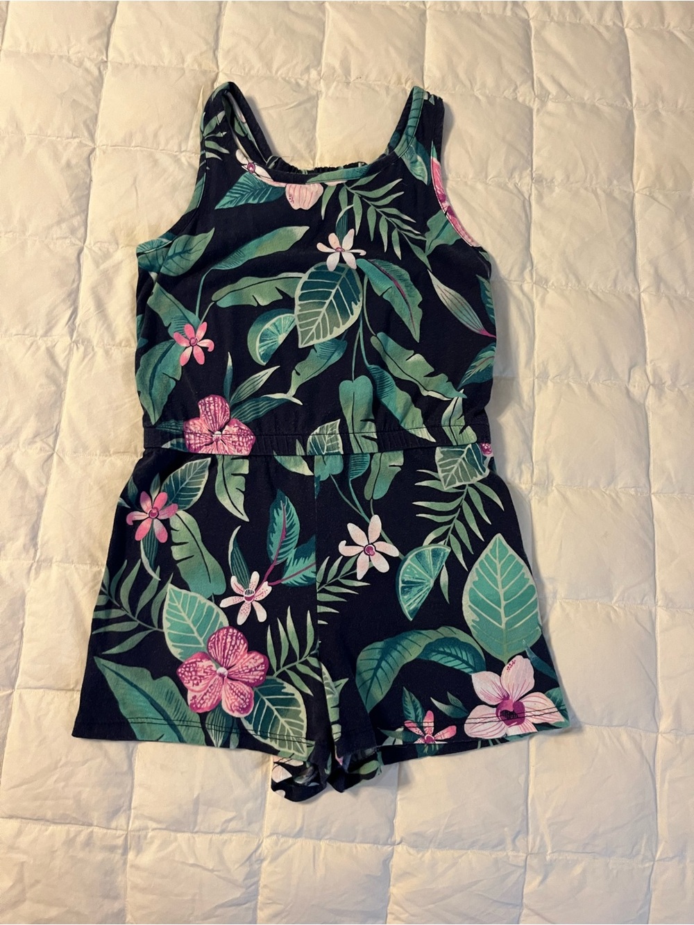 Old Navy Black Tropical Floral Romper with Green Leaves and Pink Flowers